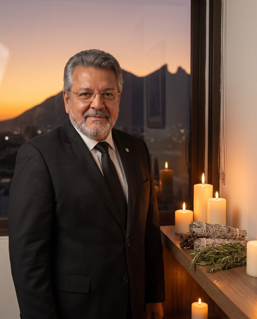 El Maestro Martín Valverde junto a una ventana con el Cerro de la Silla al atardecer